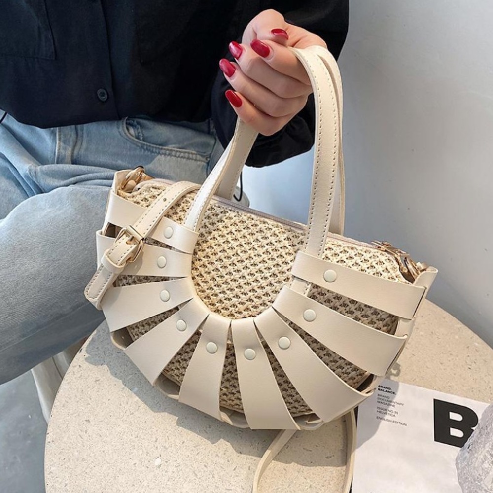 Last one!! 🔥 Beige Vegan Leather Rattan Semi Circle Crossbody Bag - Picture 2 of 9